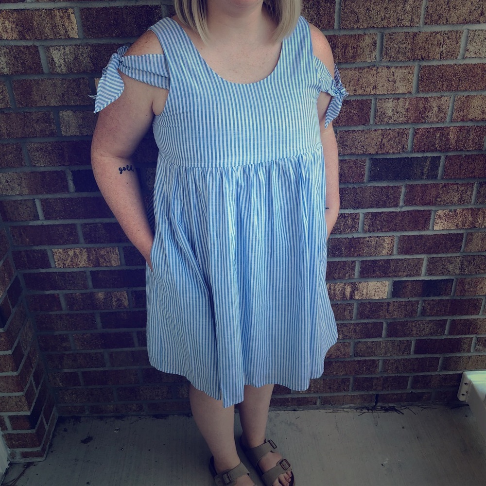 Blue Striped Off the Shoulder Dress